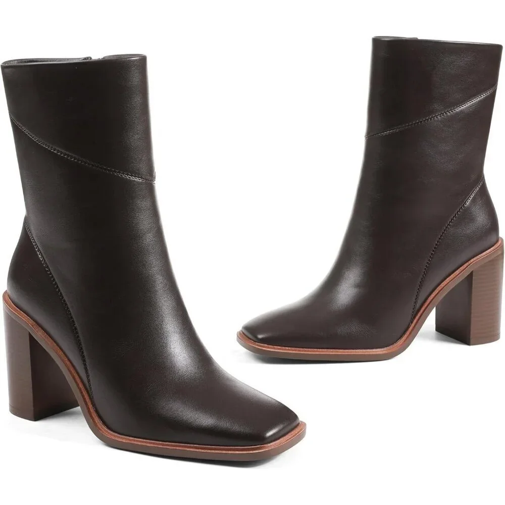 Women's Brown Ankle Boots Chunky Heel Square Toe Side Zipper Casual Booties